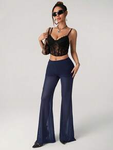 SHEIN ICON Summer Women's Going Out Night Concert Solid Color Mesh Patchwork Flare Pants, Suitable For Commuting Navy Blue Sexy - Navy Blue - View 8