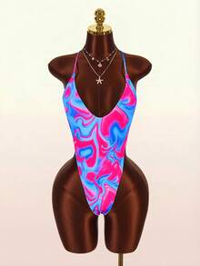Amplova Maillot de bain une pièce à col en V et dos nu imprimé pour femmes, sexy et avant-gardiste, convient pour les vacances, mini maillot de bain mignon, teinture tie-dye couleur vive - Multicolore - Voir 10