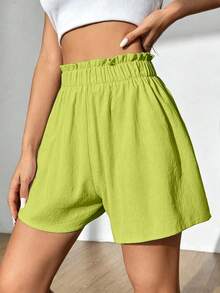 Flirla Women's Summer Casual Solid Color Ruffle Waist Shorts - Green - View 6