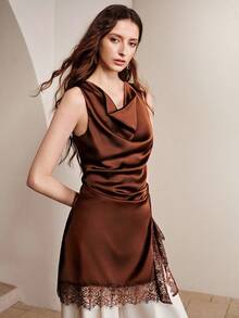 SHEIN Zanirela Femmeiva 2026 Summer New Women's Brown Satin Mock Neck Mini Dress, Sleeveless Draped Neckline Lace Trim Hem, Elegant Sexy Y2K Style Party Wear, Going Out Dress, High-End Commuter Outfit, Comfortable Silky Satin Fabric, Modern Urban Casual Business Style, Elegant Date, Vacation Beach Outfit, Women's Fashion Dress And Gown, Elegant Dresses For Party, Elegant Dresses For Women - Brown - View 5