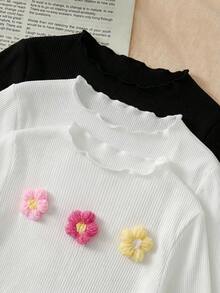 SHEIN LMoss Kids LMoss 3件組新生女嬰舒適針織純色荷葉邊連身衣套裝，秋季黑白休閒款 - 白色 - 查看 4