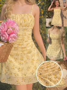 SHEIN Vestidos mini con estampado de flores para niña preadolescente, vestido camisero con espalda descubierta y fruncido, vestido de playa sin mangas con tirantes de espagueti - Amarillo - Ver 3
