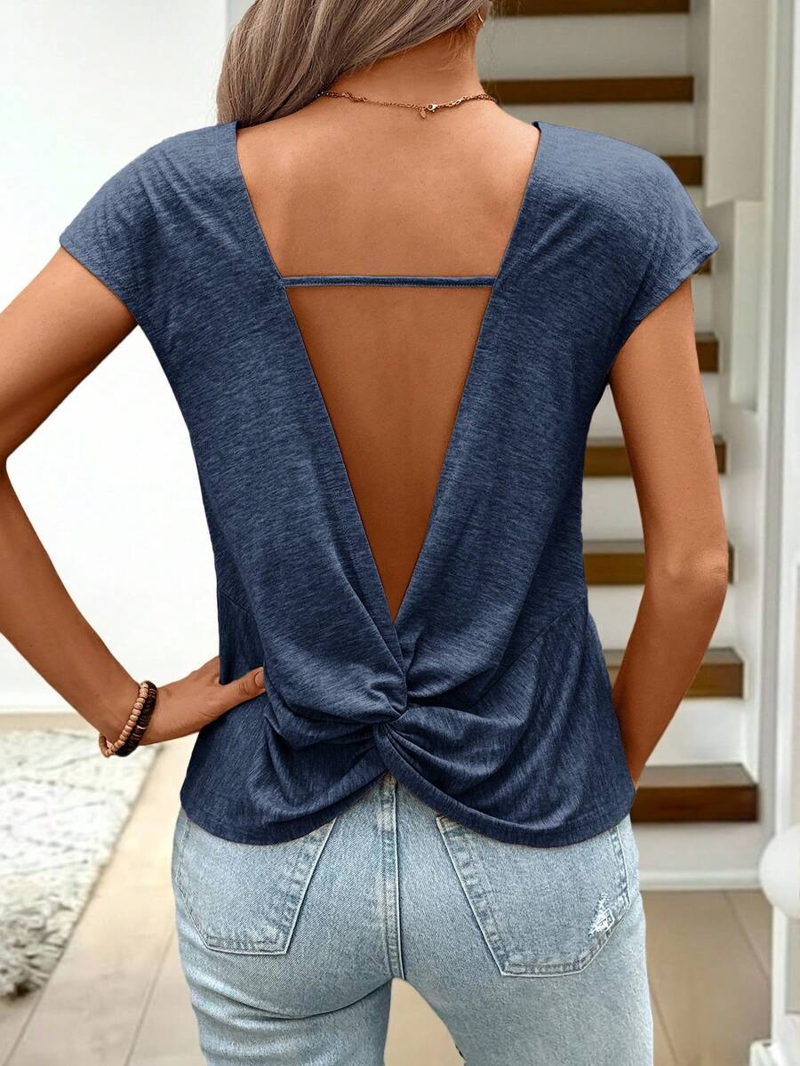 Easowa Camiseta casual de mujer de unicolor con espalda retorcida, para primavera/verano - Azul Marino - Ver 1