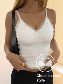 DAZY Seamless Lace Patchwork Solid Color Padded Camisole Vest, Women's Lingerie Bra - White - View 3