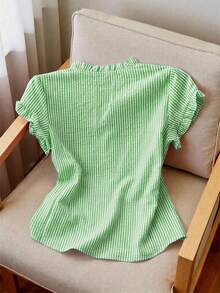 Franclia Women's Short Sleeve Ruffle Collar Front Button Striped Shirt - Green - View 2