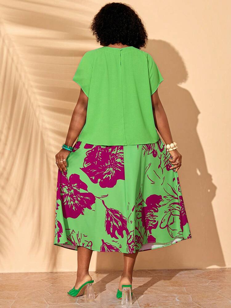 Plus Size Green Round Neck Short Sleeve Top And All-Over Allover Print Skirt 2 Pieces Set Summer Summer Outfit For Women Festival Outfits For Women Beach Outfits For Women Vacation Outfits Women Holiday Outfits  For Women