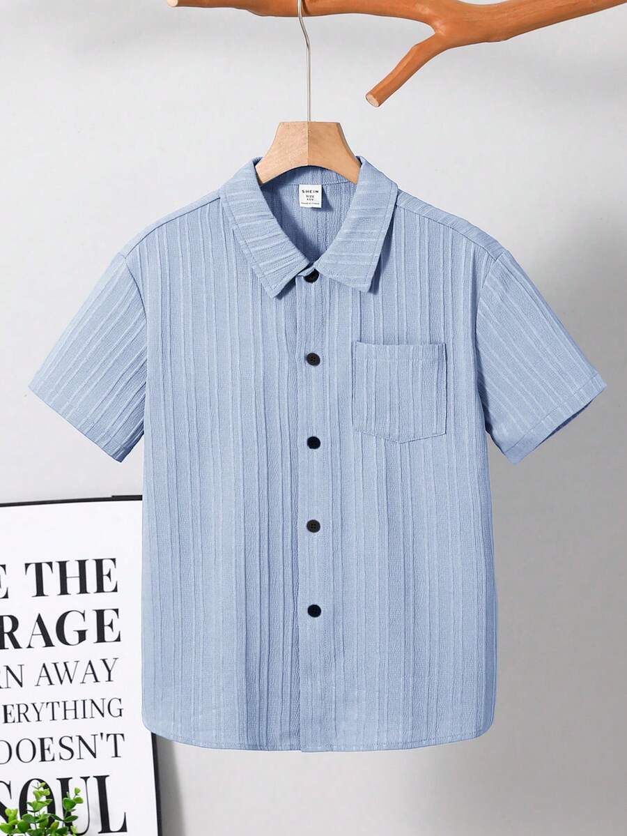 SHEIN 男童前扣纯色贴袋短袖梭织衬衫 - 淺藍色 - 查看 1