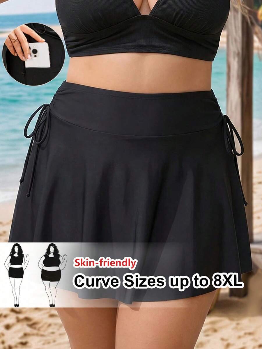 SHEIN CURVE+ 大尺碼女款夏季海灘度假抽繩抓皺扭轉式坦基尼裙 - 黑色 - 查看 1