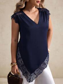 Elegantrix Plus Size Women's Elegant V-Neck Lace Trim Asymmetric Hem Blouse, Suitable For Daily And Office Wear, Spring/Summer - Navy Blue - View 2