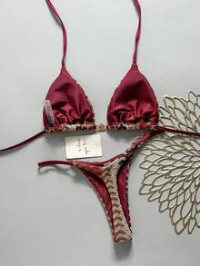 Swim Vcay Conjunto de Bikini de 2 Piezas con Tela Texturizada y Colgante Dorado, Traje de Baño Sexy para Mujeres en Vacaciones de Verano en la Playa - Multicolor - Ver 2