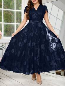 Reflora Plus Size Women's Elegant Floral Print Dress, Summer Wedding Guest Dress - Navy Blue - View 1