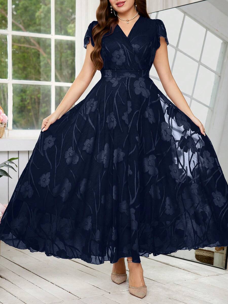 Reflora Plus Size Women's Elegant Floral Print Dress, Summer Wedding Guest Dress - Navy Blue - View 1