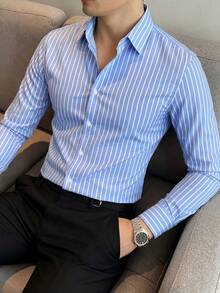 Core Aspect Men's Business Casual Blue Long Sleeve Striped Shirt, Nice Shirts For Men, For Fall - Baby Blue - View 10