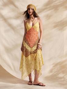 Easelle Bohemian Music Festival Spaghetti Strap Waist Cinched Floral Patchwork Asymmetric Hem Backless Dress For Women - Multicolor - View 3