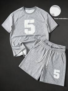 PAVTROS Men's Street Number Print T-Shirt And Shorts Set, Holiday - Light Grey - View 4