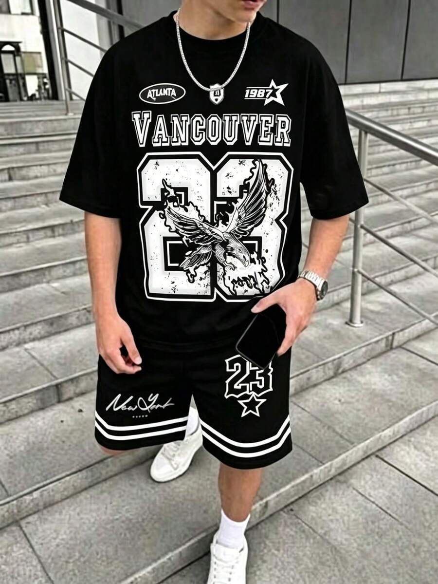 2pcs American Street Style Teenage Boys Set, Eagle Print Short Sleeve T-Shirt + No.23 Sports Shorts - Multicolor - View 1
