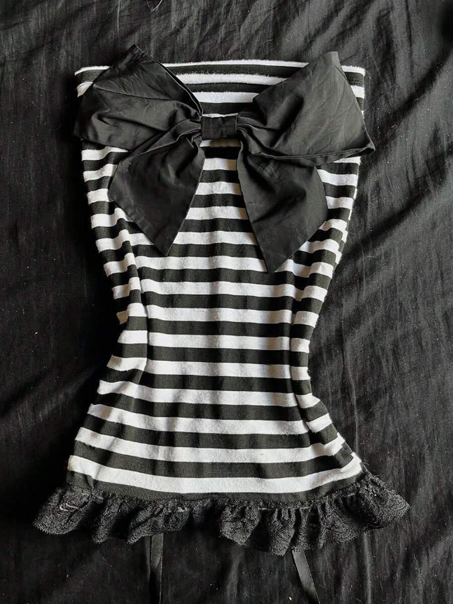 Attitoon Women's Bow Decor Striped Fashionable Bandeau Top - Black and White - View 1
