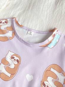Girls' Elegant Purple Base Cute Sloth Print Long Sleeve Nightgown Loungewear - Purple - View 5