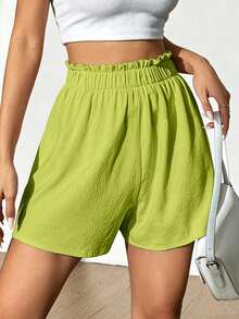 Flirla Women's Summer Casual Solid Color Ruffle Waist Shorts - Green - View 3