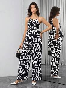 SHEIN Bộ áo liền quần bầu với cổ yếm đính hạt gỗ, nơ thắt eo phía trước, quần in họa tiết kỹ thuật số. - Đen và trắng - Xem 7