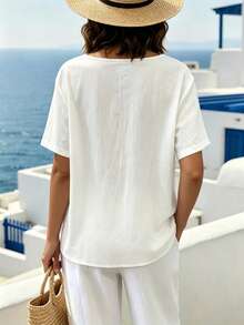 SHEIN LUNE CURVE Plus Size Women's 100% Cotton V-Neck Shirt,Short Sleeve Coconut Button White Summer Silky Smart Casual Vacation Holiday Open-Front Linen Style Top - White - View 2