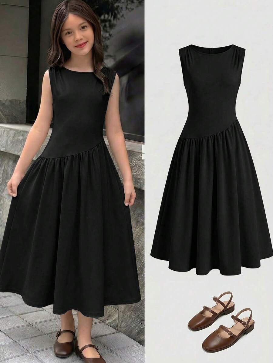 SHEIN Tween Girls' Casual Black Knit Round Neck Dress - Black - View 1