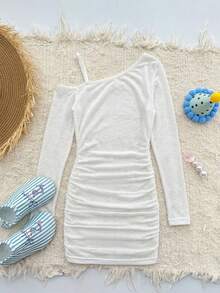 DAZY Baju Renang Terusan Anak Perempuan Remaja Lengan Panjang dengan Desain Bahu Asimetris untuk Musim Panas - Putih - View 3