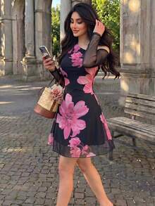 Modelyn 女款網格印花抓皺不對稱領優雅性感夏季洋裝 - 黑色 - 查看 5