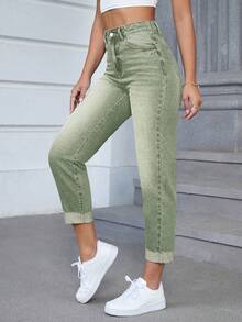 SHEIN LUNE Pantaloni di jeans con chiusura lampo e tasche, versatili, per donne taglie forti - Verde - Visualizzare 5