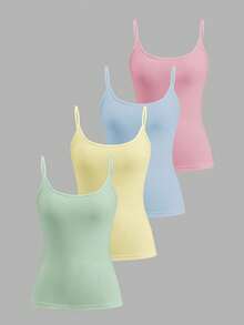 Tseoso 4 piezas Conjunto de camisetas de tirantes de 95% algodón de colores, adecuado para el verano - Multicolor - Ver 9