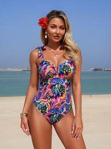Swim Lushoire Women's One-Piece Abstract Floral & Heart Print Sexy V-Neck Spaghetti Strap Backless Romper Swimsuit, Suitable For Music Festival & Party - Multicolor - View 5