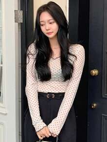 DAZY 女士波点薄纱长袖圆领打底衫，春夏款 - 白色 - 查看 3