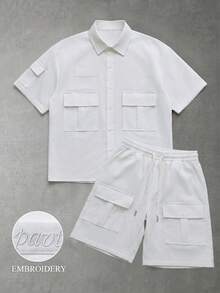 Manfinity Hypemode 男士百搭刺繡單排扣短袖襯衫與抽繩腰工裝短褲套裝 - 灰色 - 查看 1