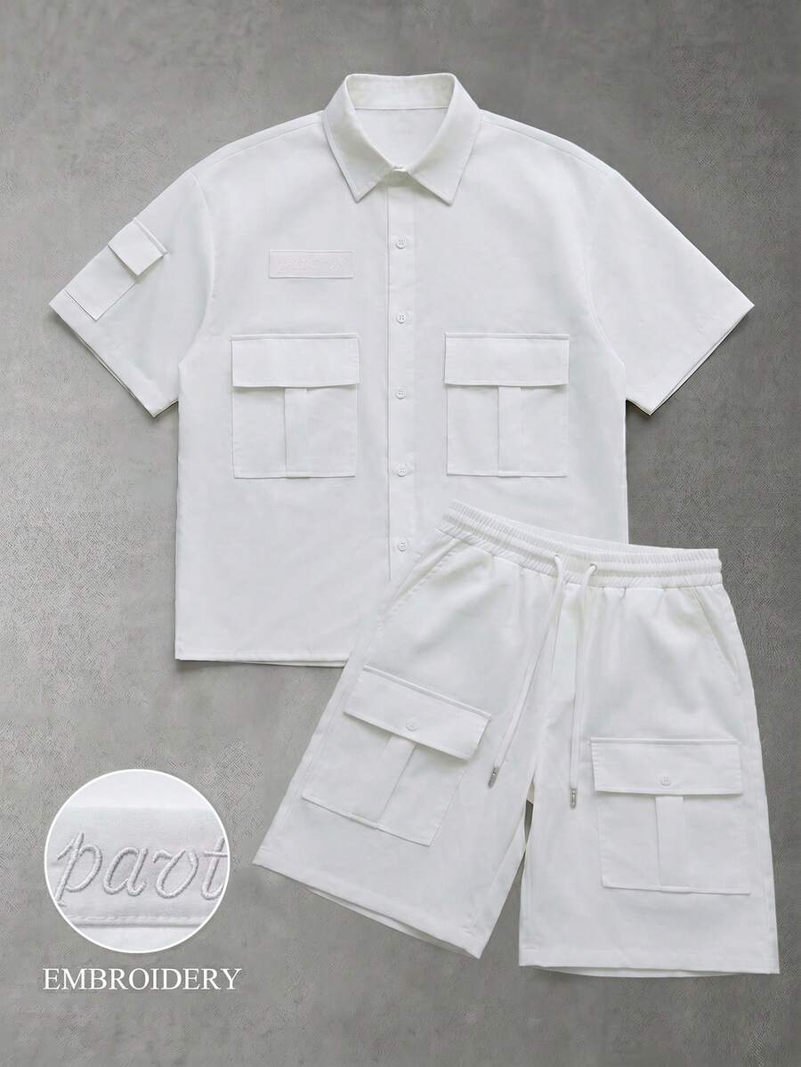 Manfinity Hypemode 男士百搭刺繡單排扣短袖襯衫與抽繩腰工裝短褲套裝 - 灰色 - 查看 1