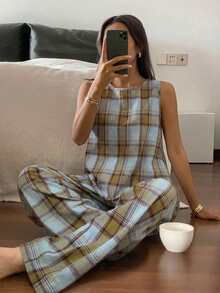 Livesso 女士格子背心和裤子睡衣套装 夏季 - 紫色 - 查看 1