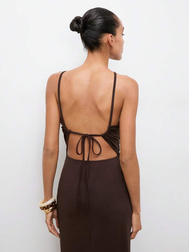 SHEIN Maija Mid-Length Dress, Waist Cinched, Fitted, Hollow-Out Tie Design, Wooden Beads, Suitable For Beach Vacation Vacation Vacation Dark Brown Summer,Dresses For Women Summer