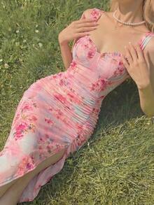 MOD Vestido con estampado floral, plisado, dobladillo asimétrico y abertura, vestidos en tonos pastel para mujer - Rosa - Ver 9
