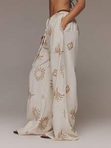 MUSERA Linen Look Drawstring Wide Leg Trousers Embroidered Beachwear Vacation Holiday Bohemian Summer Airport 4th July Spring Casual - Cream - View 3