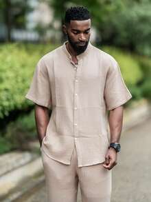 thenoahjr thenoahjr Ensemble chemise et pantalon couleur unie décontracté pour hommes, mode minimaliste pour le port décontracté quotidien, tenues deux pièces pour hommes, ensemble blanc pour hommes, cadeau pour petit ami, lin 2 pièces, tenues confortables, lin pour vacances - Kaki - Voir 6