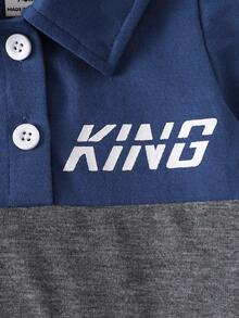 SHEIN Baby Contrast Color Patchwork Polo Collar Short Sleeve Outfit - Navy Blue - View 4