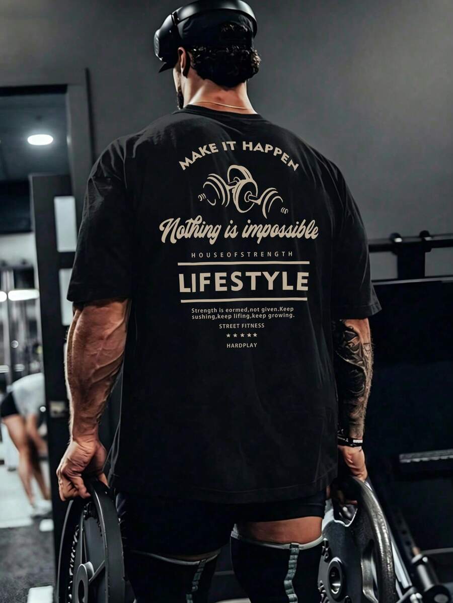 GymBeat 男友风男士休闲标语印花短袖T恤 运动上衣 健身上衣 透气轻盈 - 黑色 - 查看 1