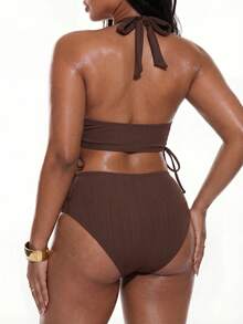 Swim Vcay 2026 Plus Size Women Summer Kawaii Beach Halter Bikini Set,V-Neck Backless Hollow Out Ruched Sides 2-Piece Swimwear Fashionable Holiday Bathing - Brown - View 2