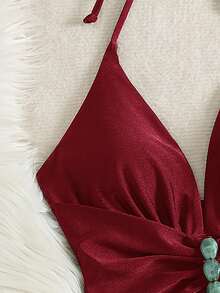 Bonvoyette بدلة سباحة قطعة واحدة للنساء، ذات ظهر عميق الرقبة وأربطة قابلة للسحب، من قماش براق بلون بني داكن، مناسبة لموسم الربيع والصيف وحفلات الموسيقى على الشاطئ - عنابي اللون - مشاهدة 3