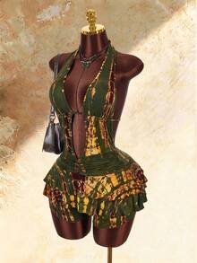 Amplova Mono de mujer con detalle de espalda descubierta, volantes en capas y bajo con volantes - Verde militar - Ver 4