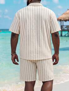 ResortEase Plus Size Men's Jacquard Striped Short Sleeve Shirt And Shorts Set Men Short Sleeve 2 Piece Casual Set Men 2 Piece Set Summer Men Two Piece Set Summer - Khaki - View 2