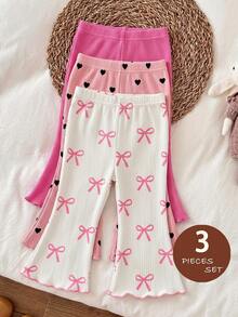 LMoss Kids 3pcs Baby Girl Knitted Solid Color Heart Pattern Integrated Flare Pants Set - Multicolor - View 9