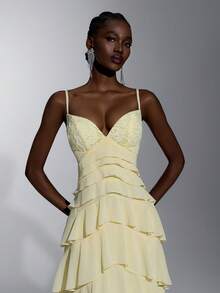 Elitara Elegant, Minimalist, Fashionable Ombre Lace Patchwork Chiffon Spaghetti Strap Multi-Tiered Maxi Formal Evening Gown For Women - Pale Yellow - View 3