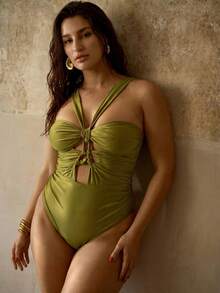 MOTF PREMIUM PLUS SIZE PEARLESCENT SHINY BLINGBLING FABRIC FRONT & MIDDLE HANDWOVEN DETAILS ELEGANT ONE-PIECE SWIMSUIT FOR VACATION - Green - View 6