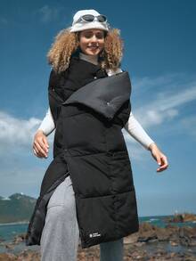 In My Nature Solid Hooded Padded Vest Coat - Black - View 10