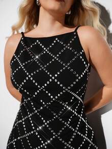 Maija Plus Size Black,Summer,70's,Night Out Rave Club,Party Midi Dress,Lace Patchwork Silver Design Fitted Silhouette Outfit Wedding Guest Cruise Wear - Black - View 7